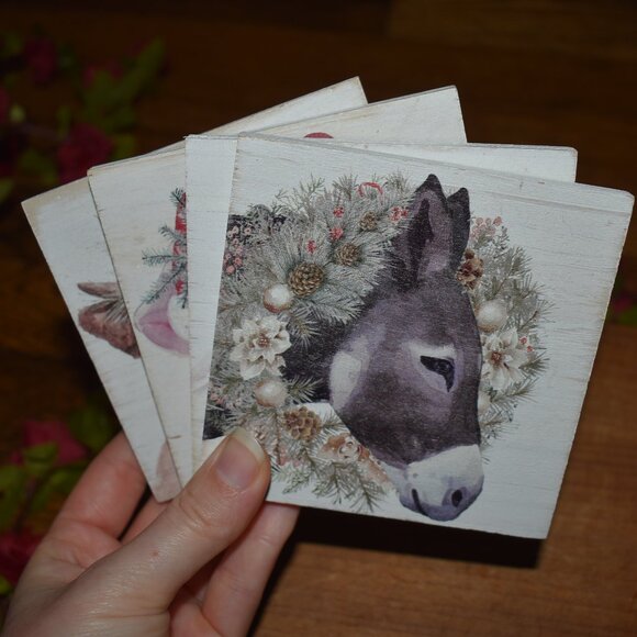 4pc Farmhouse Christmas Winter Holiday Barn Animals Wood Drink Coaster Set - Picture 10 of 10